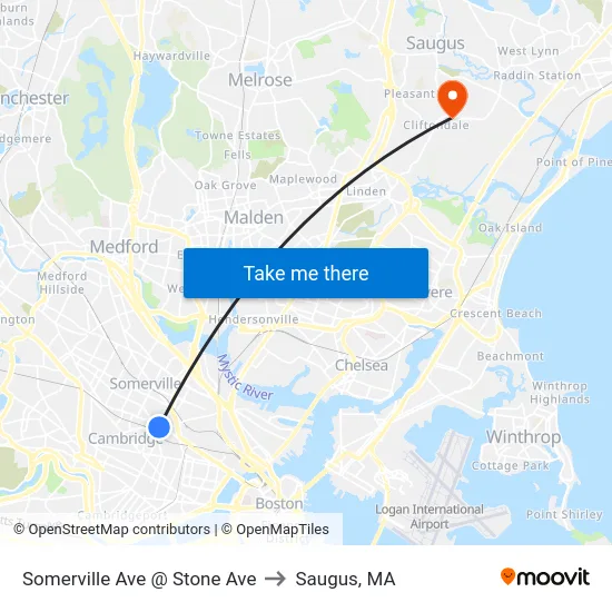 Somerville Ave @ Stone Ave to Saugus, MA map