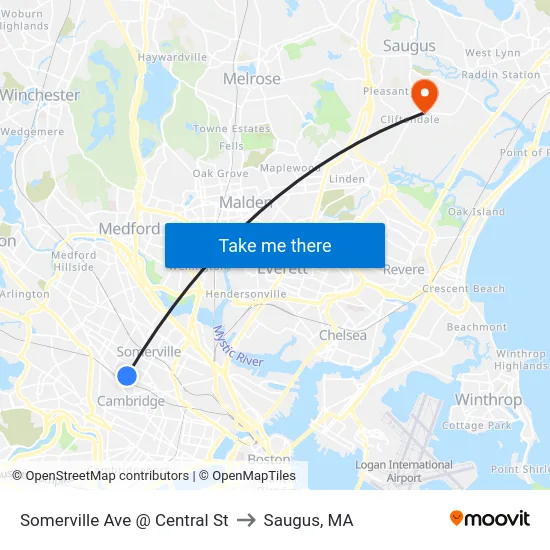 Somerville Ave @ Central St to Saugus, MA map