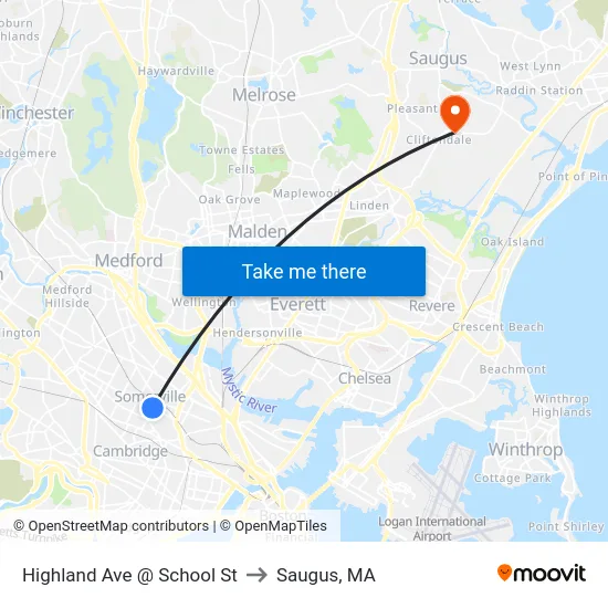 Highland Ave @ School St to Saugus, MA map
