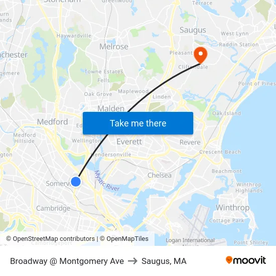 Broadway @ Montgomery Ave to Saugus, MA map