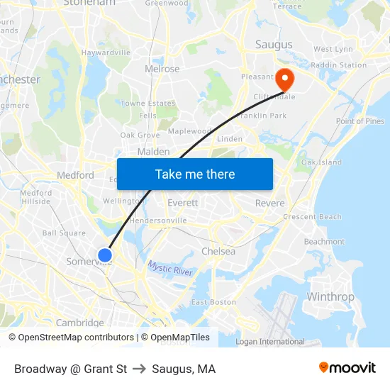 Broadway @ Grant St to Saugus, MA map
