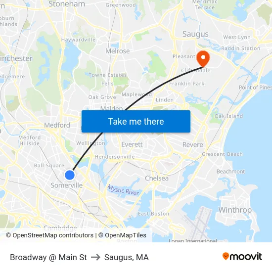 Broadway @ Main St to Saugus, MA map
