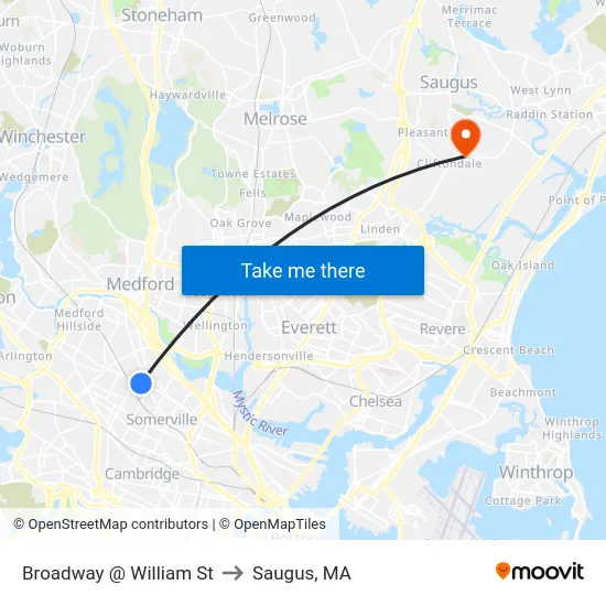 Broadway @ William St to Saugus, MA map