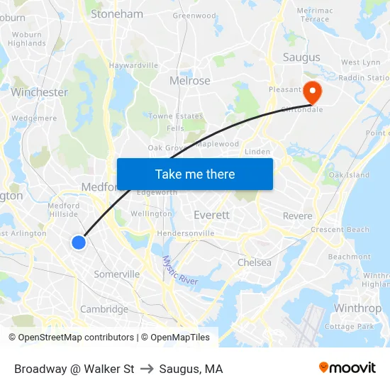 Broadway @ Walker St to Saugus, MA map