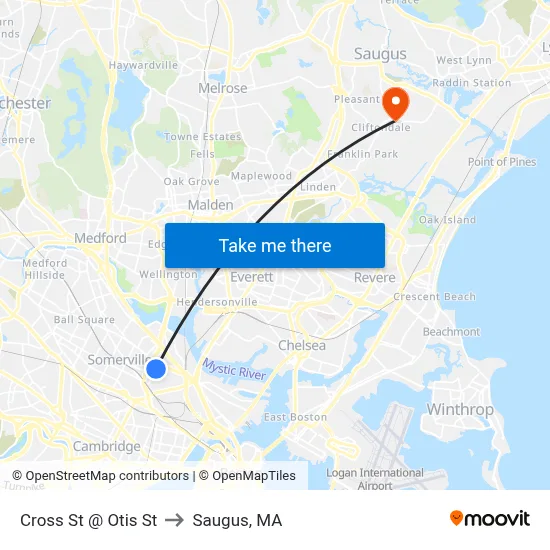 Cross St @ Otis St to Saugus, MA map