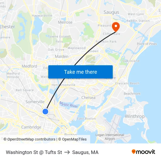 Washington St @ Tufts St to Saugus, MA map