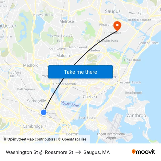 Washington St @ Rossmore St to Saugus, MA map