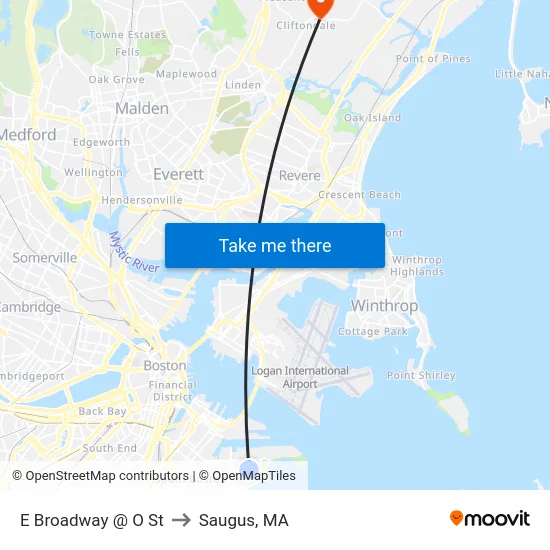 E Broadway @ O St to Saugus, MA map