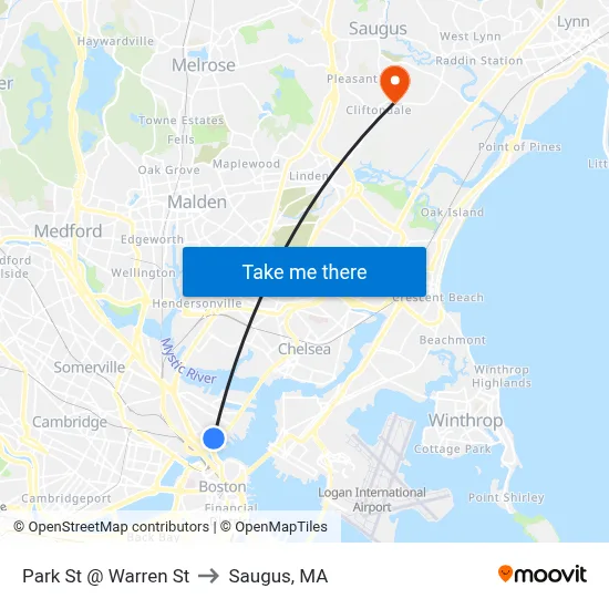 Park St @ Warren St to Saugus, MA map