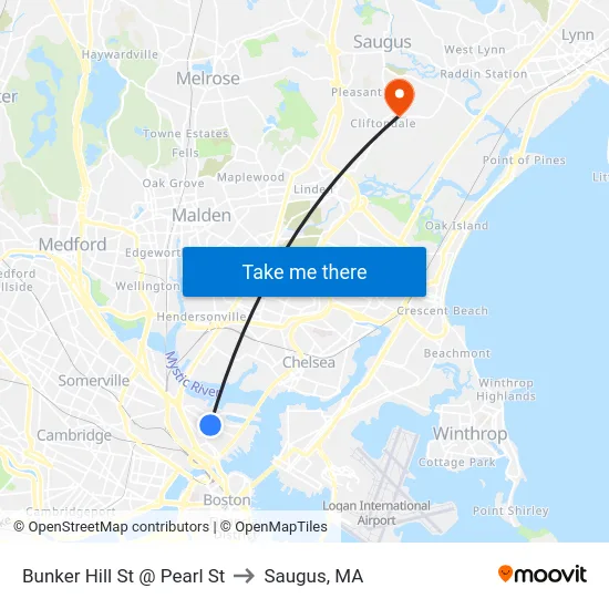 Bunker Hill St @ Pearl St to Saugus, MA map