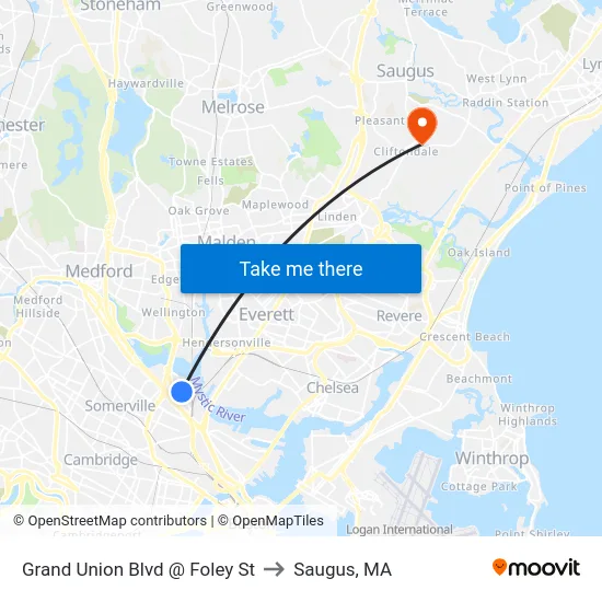 Grand Union Blvd @ Foley St to Saugus, MA map