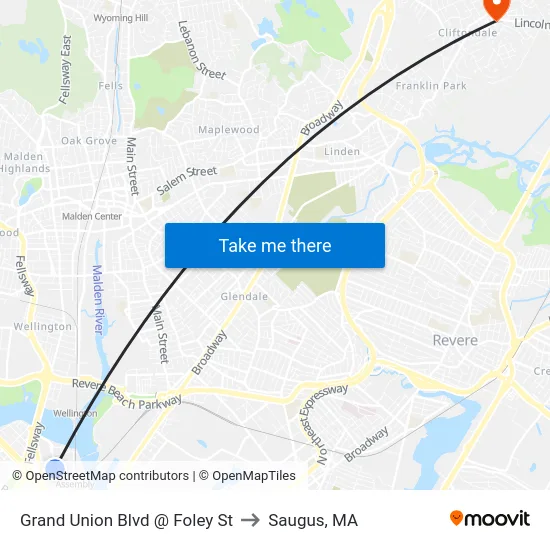 Grand Union Blvd @ Foley St to Saugus, MA map