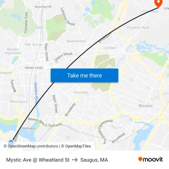 Mystic Ave @ Wheatland St to Saugus, MA map