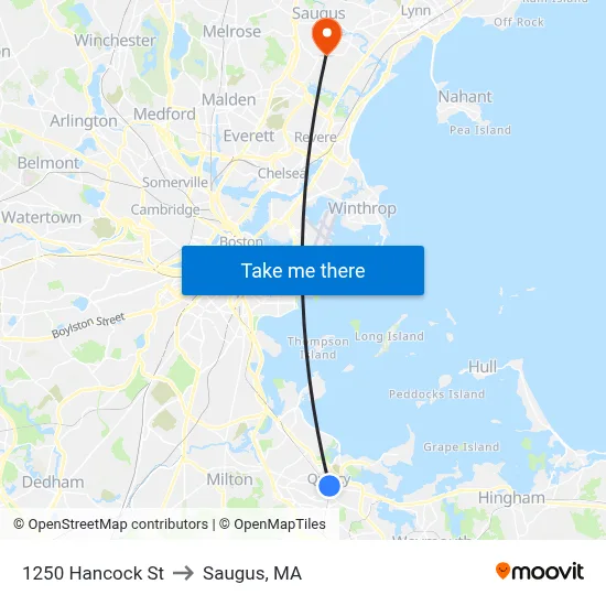 1250 Hancock St to Saugus, MA map