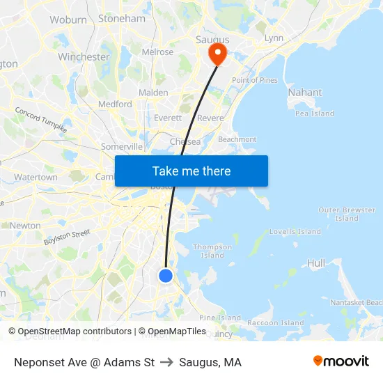 Neponset Ave @ Adams St to Saugus, MA map