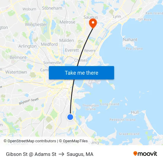 Gibson St @ Adams St to Saugus, MA map