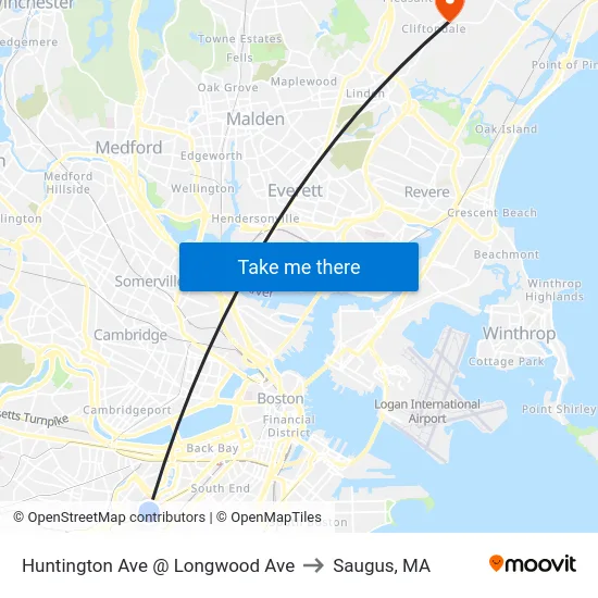 Huntington Ave @ Longwood Ave to Saugus, MA map