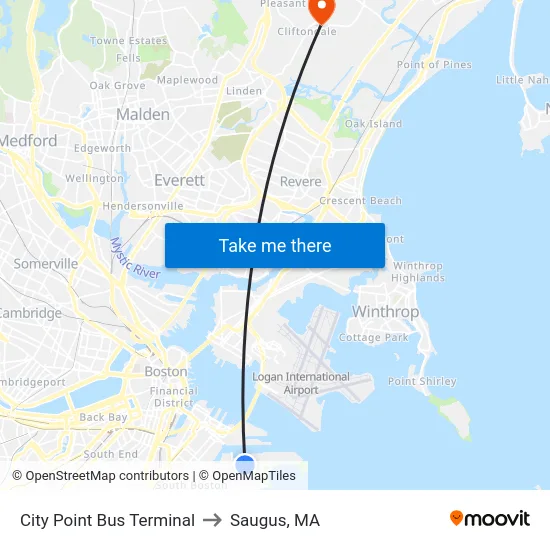 City Point Bus Terminal to Saugus, MA map