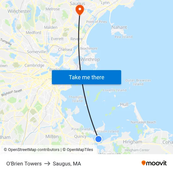 O'Brien Towers to Saugus, MA map