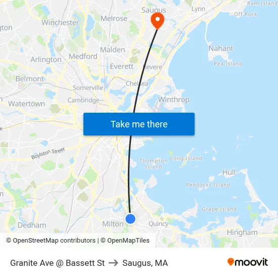 Granite Ave @ Bassett St to Saugus, MA map