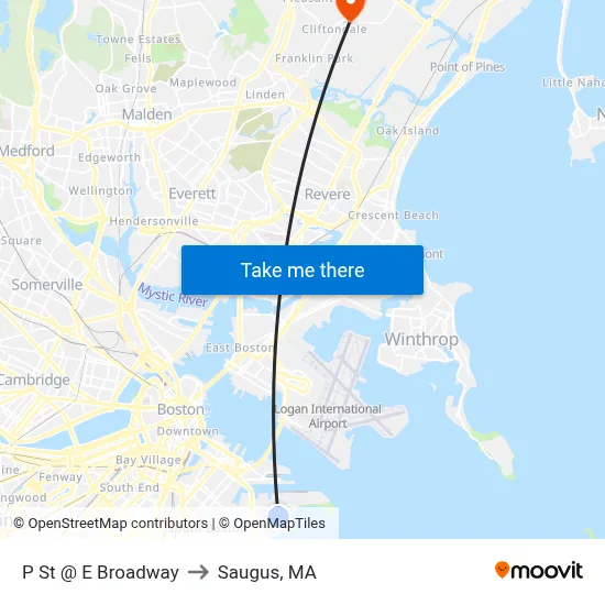P St @ E Broadway to Saugus, MA map