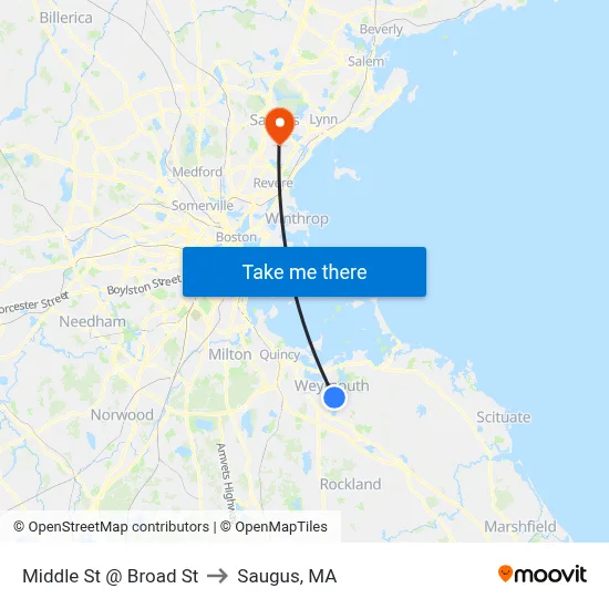 Middle St @ Broad St to Saugus, MA map