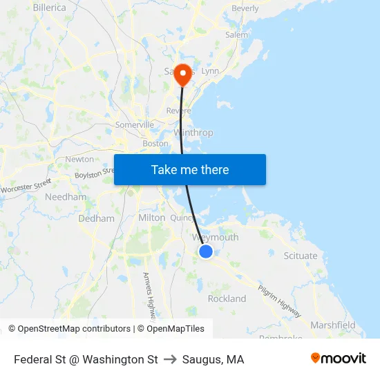 Federal St @ Washington St to Saugus, MA map