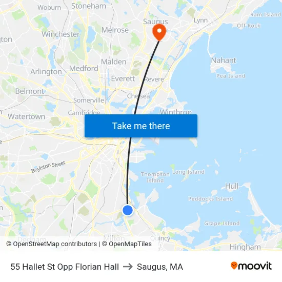 55 Hallet St Opp Florian Hall to Saugus, MA map
