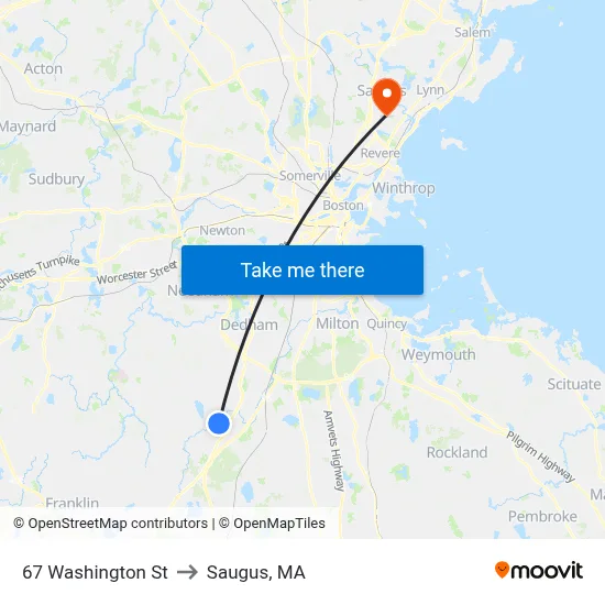 67 Washington St to Saugus, MA map