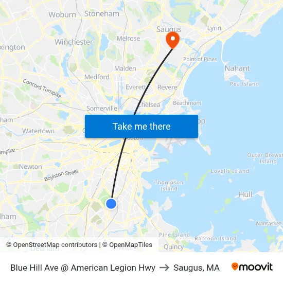 Blue Hill Ave @ American Legion Hwy to Saugus, MA map