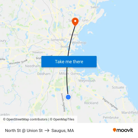 North St @ Union St to Saugus, MA map