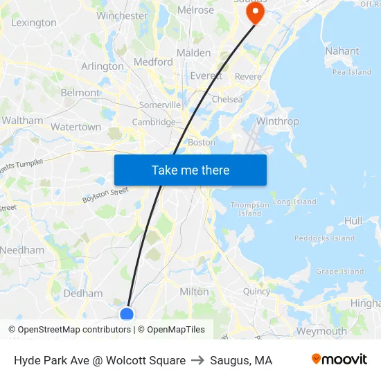 Hyde Park Ave @ Wolcott Square to Saugus, MA map