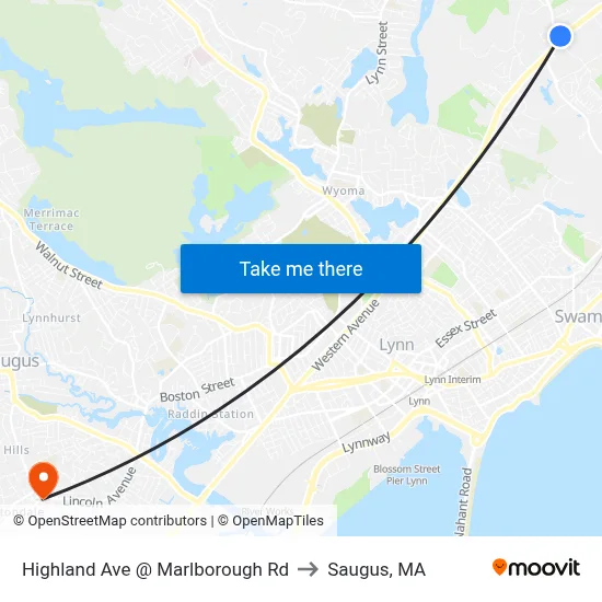 Highland Ave @ Marlborough Rd to Saugus, MA map