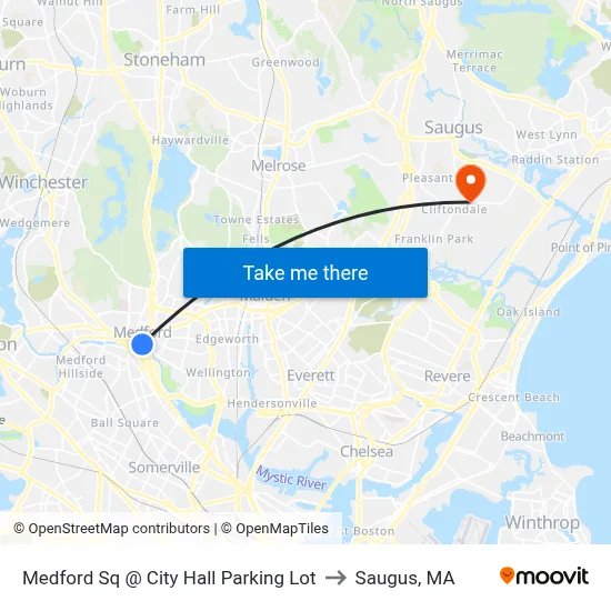 Medford Sq @ City Hall Parking Lot to Saugus, MA map