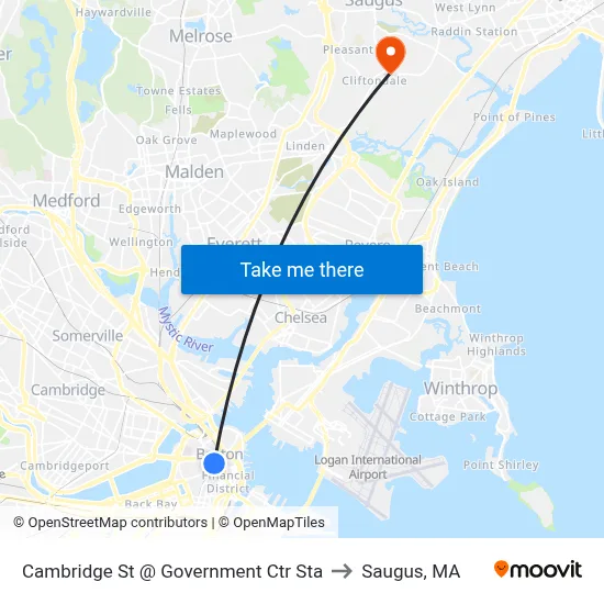 Cambridge St @ Government Ctr Sta to Saugus, MA map
