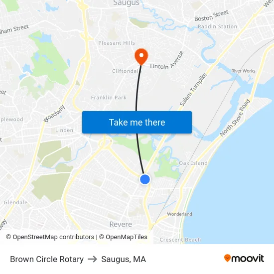 Brown Circle Rotary to Saugus, MA map