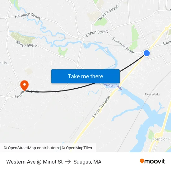 Western Ave @ Minot St to Saugus, MA map