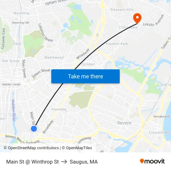 Main St @ Winthrop St to Saugus, MA map