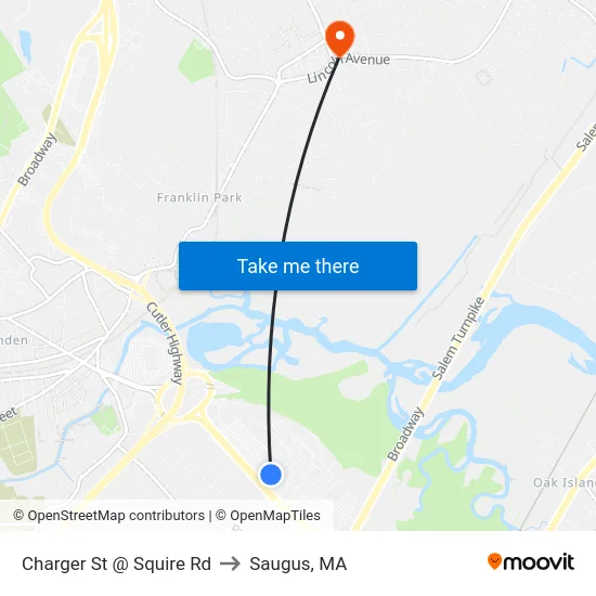 Charger St @ Squire Rd to Saugus, MA map