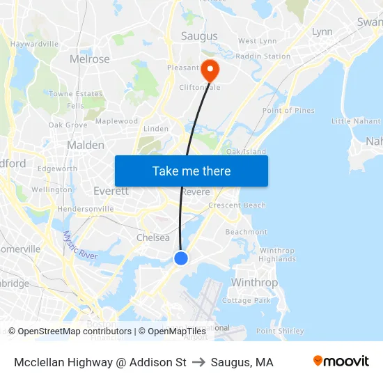 Mcclellan Highway @ Addison St to Saugus, MA map