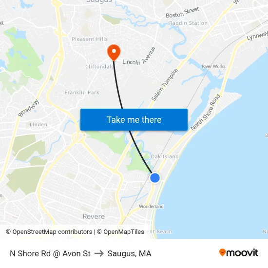 N Shore Rd @ Avon St to Saugus, MA map