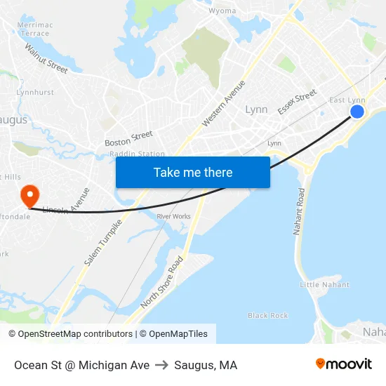 Ocean St @ Michigan Ave to Saugus, MA map