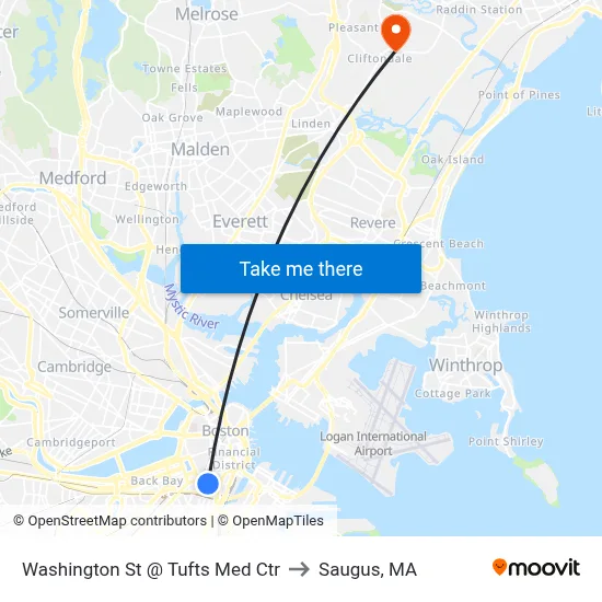 Washington St @ Tufts Med Ctr to Saugus, MA map