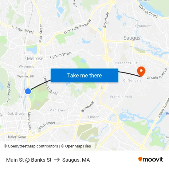 Main St @ Banks St to Saugus, MA map