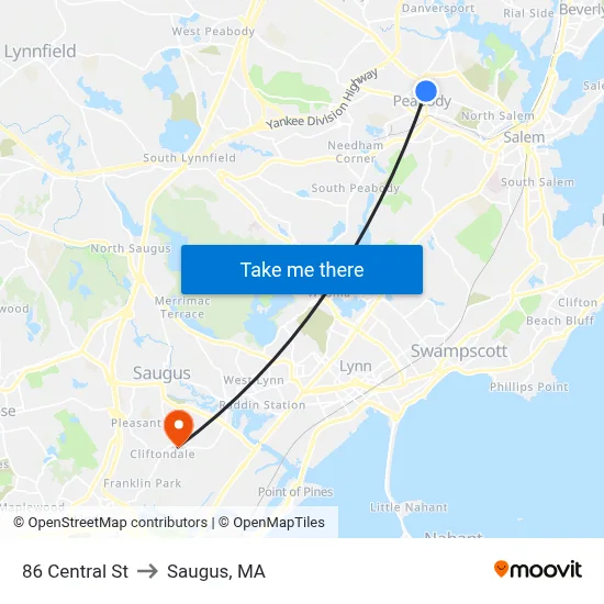86 Central St to Saugus, MA map