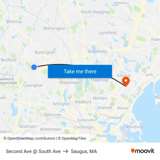 Second Ave @ South Ave to Saugus, MA map
