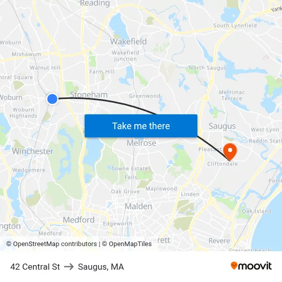 42 Central St to Saugus, MA map