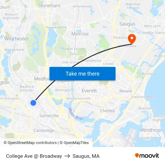 College Ave @ Broadway to Saugus, MA map