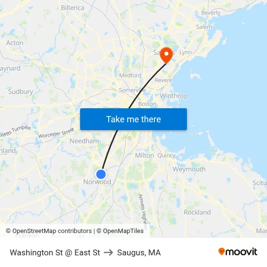 Washington St @ East St to Saugus, MA map