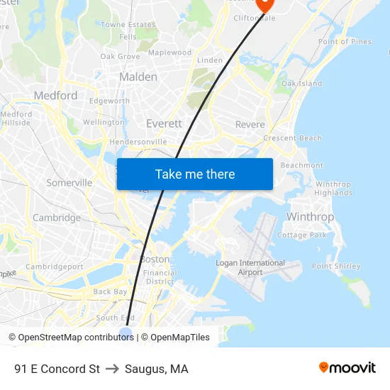 91 E Concord St to Saugus, MA map
